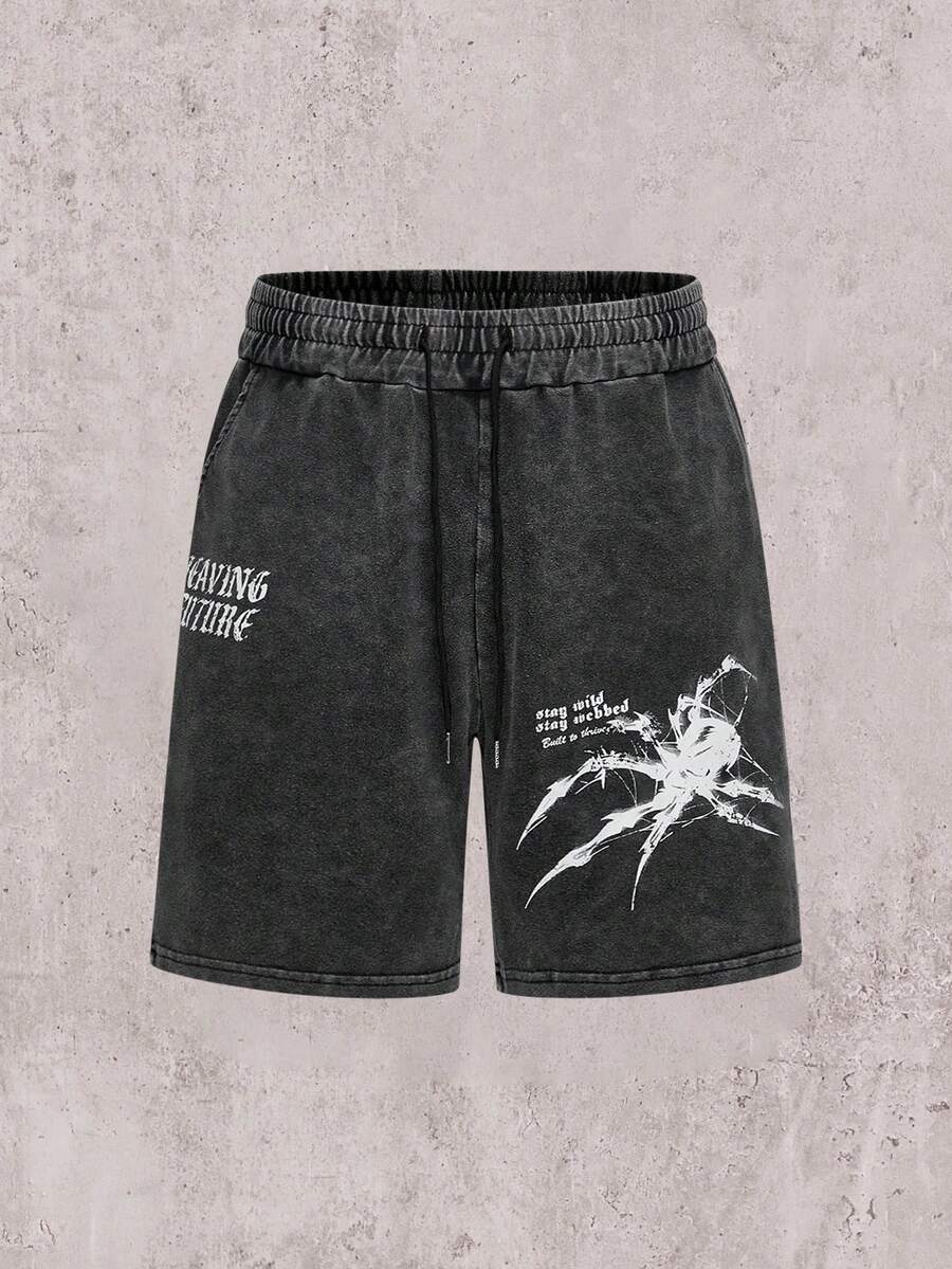 Skyrend Hemo Men's Letter & Spider Print Drawstring Waist Pocket Loose Distressed Shorts - Black - View 1