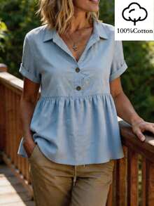 Wandoria Camisa casual de mujer de unicolor, de manga corta, con botones y media cartera - Azul - Ver 5
