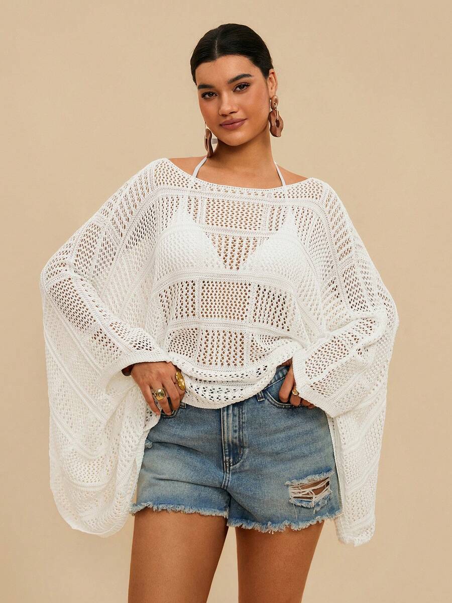 Travachic Blusa de punto casual de unicolor para vacaciones, talla grande para mujer