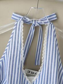 Airaco 女士夏季新款露背系带荷叶边背心，性感优雅清新条纹女士上衣，露背系带衬衫，适合度假、约会，蓝色条纹衬衫 - 藍色 - 查看 5