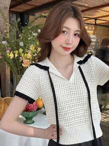 INAWLY Korean Style Black & White Contrast Hollow Knit Polo Shirt For Women, Summer V-Neck Tie-Up Loose Short Sleeve Comfortable Casual Commute Cropped Top Business Casual Women Tops Clothes For Ladies Woman Clothes Blouse For Women Casual Polo Blouse Korean Style - White - View 4