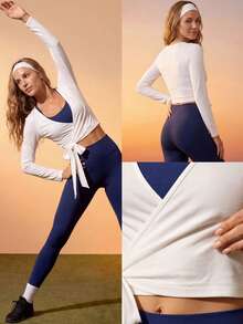 CAJUNI 裹身式短款上衣，系带设计，长袖，V领。 - 白色 - 查看 4