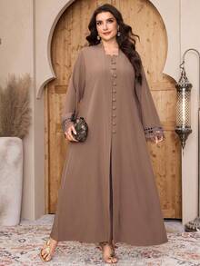 SHEIN Najma Plus Size Women's Contrast Lace Long Sleeve Single-Breasted Abaya - Coffee Brown - View 5