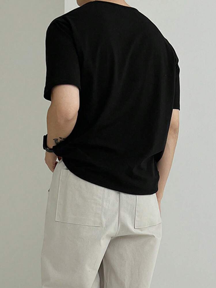 Men's Solid Black Loose Fit Short Sleeve T-Shirt, Summer