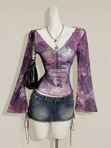 SHEIN ICON 秋季女士西部波西米亚风蓝绿色印花V领褶皱优雅长袖衬衫 - 紫色 - 查看 4