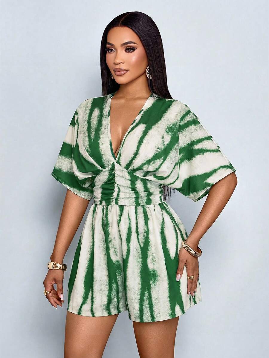 SOLERSUN Bộ jumpsuit nữ in hoa, cổ chữ V sâu, tay cánh dơi, eo nhún bèo. - xanh quân đội - Xem 1