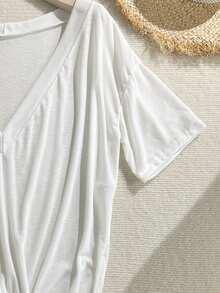 SHEIN Swim Vcay 2026新款女士夏季沙滩度假休闲宽松V领半透明性感露肩特殊面料T恤罩衫 - 白色 - 查看 6