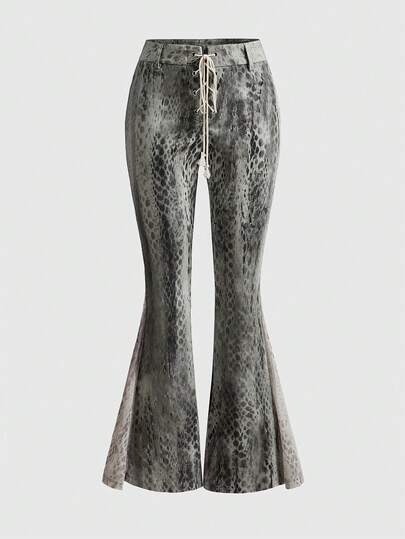 ROMWE Goth Pantalones de mujer con estampado de piel de serpiente, parches y volantes, de gasa transparente con cintura ajustable y pierna acampanada