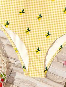 淡黄色马卡龙图案，度假迷你柠檬格子图案，少女休闲简约彩色印花连体泳衣，适合夏季穿着 - 彩色 - 查看 5