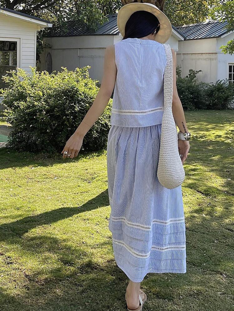 Women's Casual Striped Lace Patchwork Sleeveless Top And A-Line Skirt 2-Piece Set, Summer Lounge Sets For Women