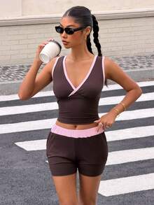 Muchica Brown Knit Women's Tight Fit Activewear Set - Brown - View 4