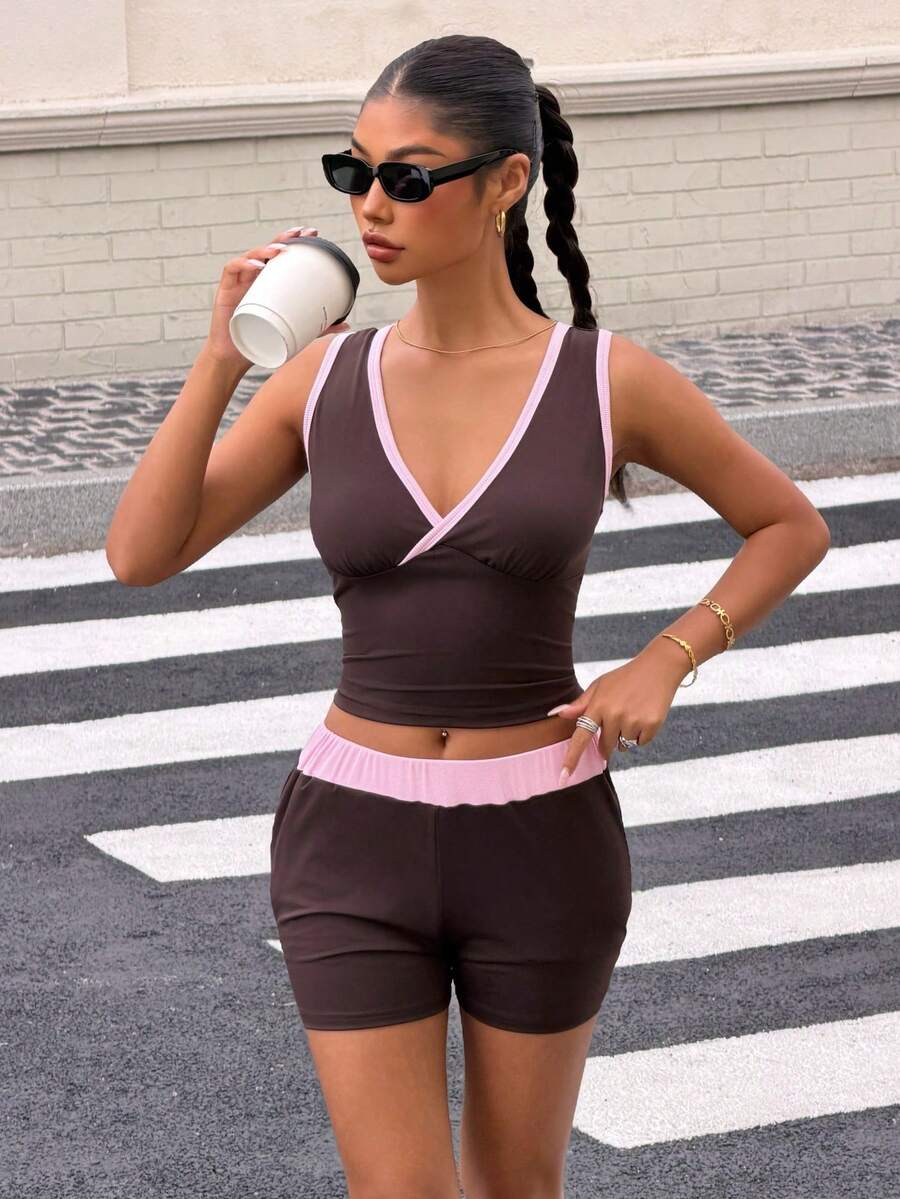 Muchica Brown Knit Women's Tight Fit Activewear Set - Brown - View 1