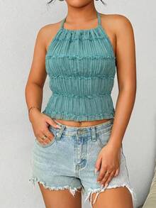 SHEIN Holidaya 女士性感纯色露背吊带背心，夏季 - 薄荷綠 - 查看 7