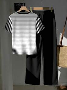SHEIN EZwear 两件套：刺绣圆领短袖上衣和条纹印花长裤，休闲款 - 彩色 - 查看 2