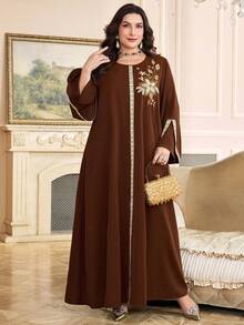 Al Najma Plus Size Women's Turkish Maxi Dress & Arabic Traditional Abaya Kaftan Jalabiya Dress - Coffee Brown - View 5