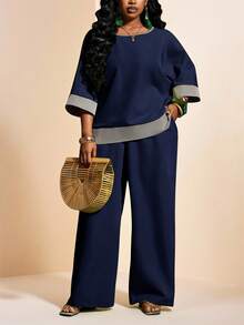 Slaydiva Plus Size Women's Navy Blue Contrast Color 3/4 Sleeve Top And Wide Leg Pants Set,Casual Workwear For Autumn,Nomadic Style Birthday Party & Holiday - Navy Blue - View 1