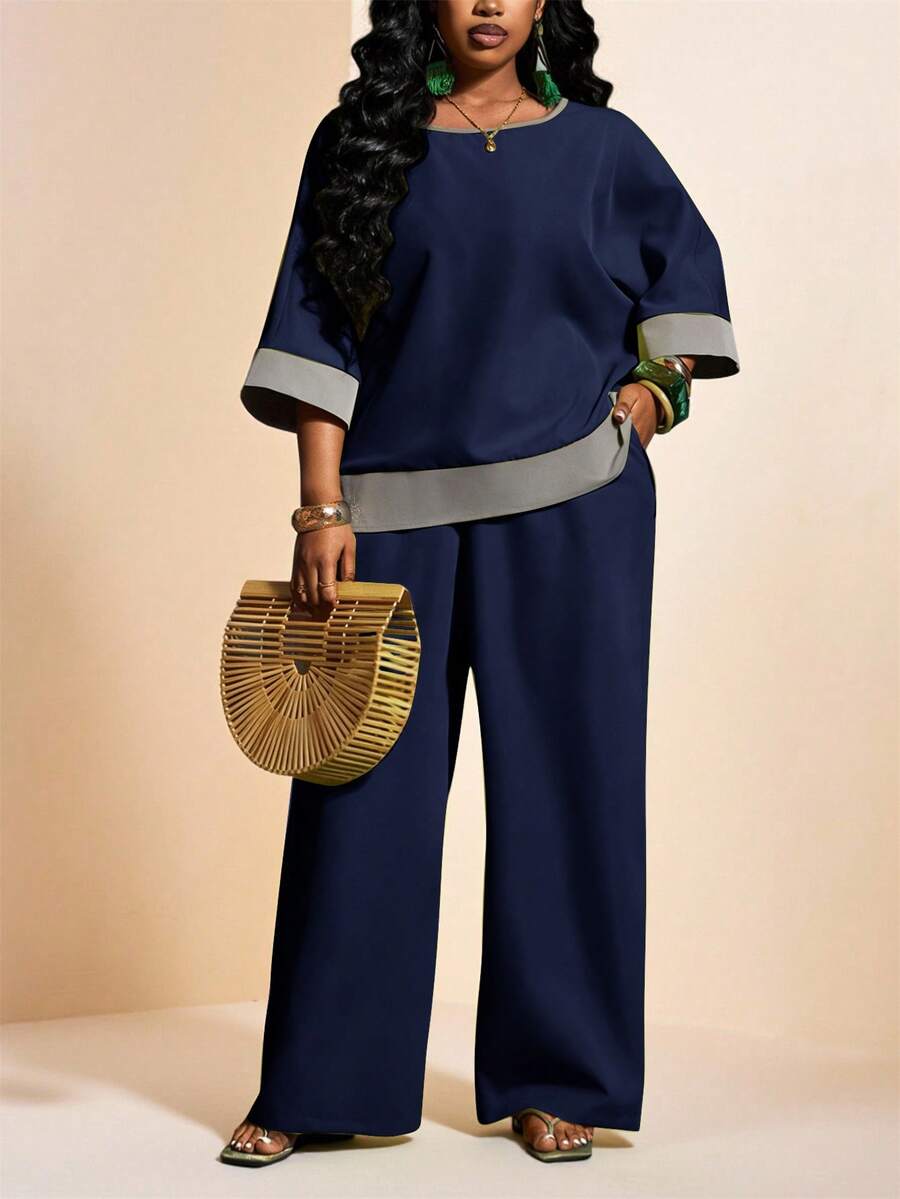 Slaydiva Plus Size Women's Navy Blue Contrast Color 3/4 Sleeve Top And Wide Leg Pants Set,Casual Workwear For Autumn,Nomadic Style Birthday Party & Holiday - Navy Blue - View 1