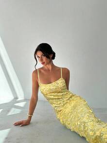 Firerie Women's Elegant Summer Wedding Guest Party Cocktail Dress, Yellow Sequin Embroidered Spaghetti Strap, Fitted Silhouette, Back Slit Hem, Long - Yellow - View 7