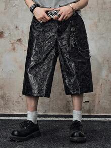 ROMWE MEN Goth 男士时尚直筒宽松休闲百搭夏季PU纹理短裤 - 黑色 - 查看 5