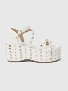 Grunge Punk Ladies, Spike Buckles, Lame-Heeled Platform Sandals. - White - View 1