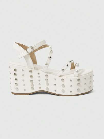 ROMWE Grunge Punk Giày sandal đế cao, gót đính kim tuyến, khóa cài nhọn dành cho nữ.