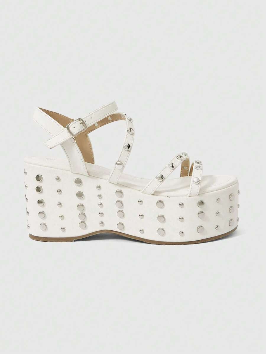 Grunge Punk Ladies, Spike Buckles, Lame-Heeled Platform Sandals. - White - View 1