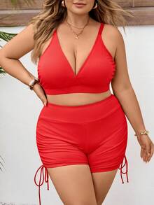 SHEIN CURVE+ 大号樱桃图案泳装三件套，包括吊带背心、短裤和罩衫，沙滩度假套装，大码泳装夏季比基尼泳衣 - 彩色 - 查看 6