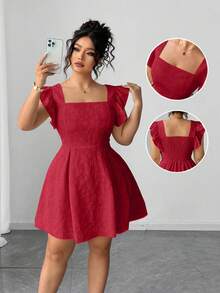 Elenzga Plus Size Solid Color Square Neck Jacquard Frill Trim Elegant Dress - Burgundy - View 8