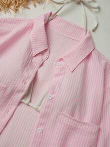 Swim Vcay 春夏休闲粉白条纹沙滩套装，长袖衬衫配短裤和罩衫 - 淺粉色 - 查看 8