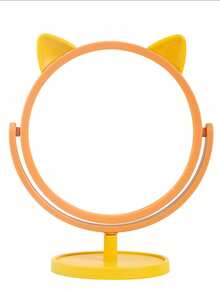 Round Base Cat Ear Makeup Mirror, Dual-Sided HD Desktop Vanity Mirror With Plastic Frame For Home & Dorm - Pink - View 4