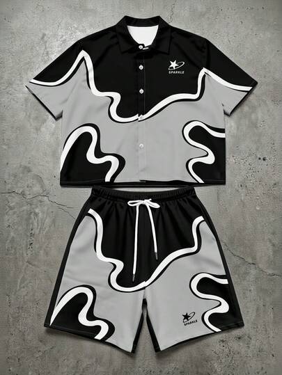 Manfinity EMRG Men's Summer Black And Grey Gray Abstract Wavy Fluid Swirl Irregular Organic Shape Color Block White Outline "Sparkle" Planet Star Logo Graphic Print Lapel Revere Camp Collar Button Up Short Sleeve Shirt And Elastic Waist Drawstring Shorts 2 Piece Matching Co-Ord Set, Streetwear Vintage Retro Y2K Futuristic Abstract Art Minimalist Urban Hip Hop Casual Going Out Concert Club Festival Party Beach Vacation Breathable Lightweight OOTD OutfitMen's Summer Casual Fashionable Street Contrast Color Short
