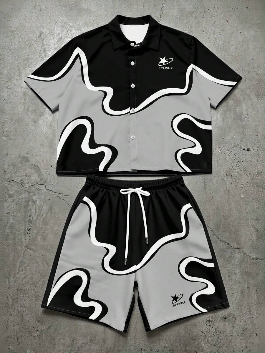 Manfinity EMRG Men's Summer Black Streetwear 2 Piece Set,Abstract Wavy Fluid Graphic Short Sleeve Shirt & Drawstring Shorts,City Break Retro Y2K Beach Outfit,Gray - Multicolor - View 1
