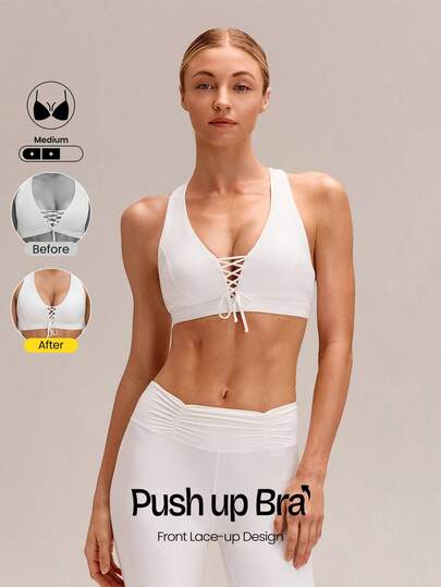 GLOWMODE Áo ngực thể thao FeatherFit™-Sculpt PowerLace cổ chữ V, nâng ngực, kiểu racerback, buộc dây, thích hợp cho tập luyện, chạy bộ, tập gym và hoạt động hàng ngày.