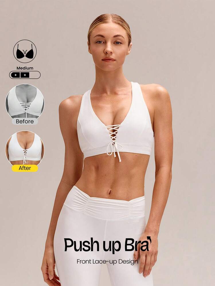 FeatherFit™-Sculpt PowerLace V-Neck Push-Up Racerback Lace-Up Sports Bra Training Running Workout Gym Daily Active Wear