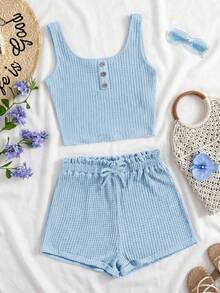 SHEIN Set Atasan Camisole dan Celana Pendek Pinggang Model Paper Bag untuk Liburan dan Perjalanan Santai Musim Panas Anak Perempuan Remaja - Baby Blue - View 3