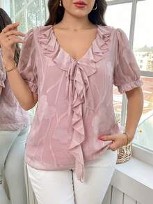 SHEIN Clasi Plus Size Women Cutout Ruffle Tie Front Blouse Tea Party Light Pink Summer - Pink - View 1