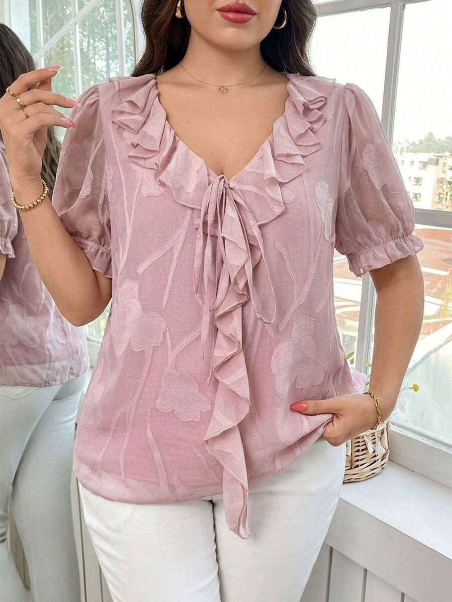 SHEIN Clasi Plus Size Women Cutout Ruffle Tie Front Blouse Tea Party Light Pink Summer - Pink - View 1