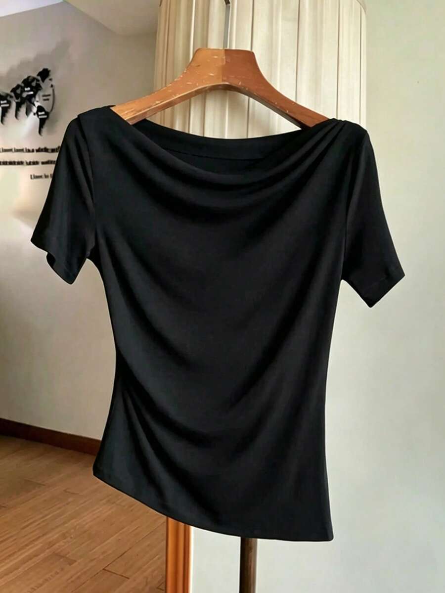 Franclia Women's Elegant Black Ruched Draped Neck Short Sleeve T-Shirt - Black - View 1