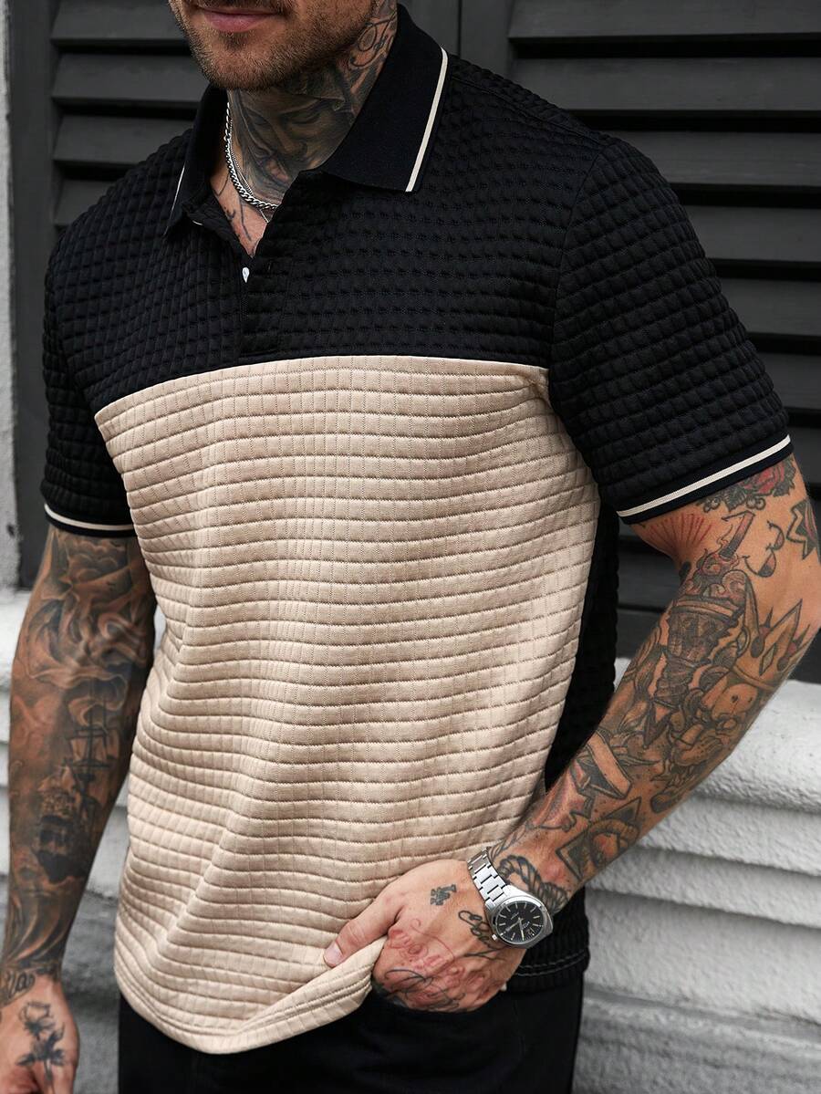 Manfinity CasualCool Men's Fashionable Versatile Textured Patchwork Button Half-Placket Casual Polo Shirt - Multicolor - View 1