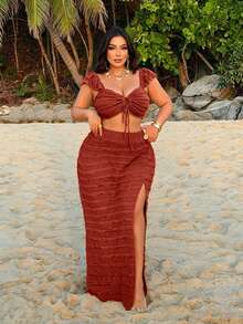 NU&NOW Plus Size Women Solid Color Pleated Top And Split Hem Skirt Casual Vacation Set - Redwood - View 5