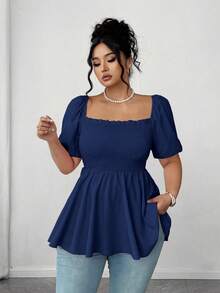 SHEIN Elenzya 大码时尚褶皱女式衬衫，方领优雅百搭修身时尚上衣 - 藏蓝色 - 查看 6
