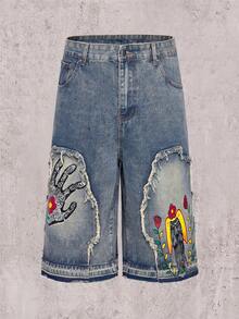 Skyrend Celana Pendek Denim Pria Motif Bunga dengan Saku Berumbai, Potongan Lebar, Longgar, Cocok untuk Nongkrong di Jalanan, Gaya Tropis, dan Gaya Mahasiswa/Mahasiswa - Light Wash - View 1