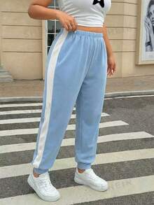 SHEIN EZwear 大码浅蓝色撞色休闲运动裤 蓝色裤子 女式休闲裤 女士慢跑裤 - 淺藍色 - 查看 1
