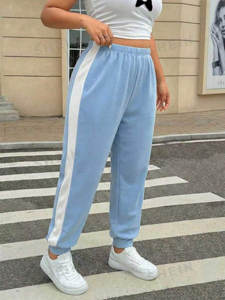 SHEIN EZwear 大码浅蓝色撞色休闲运动裤 蓝色裤子 女式休闲裤 女士慢跑裤 - 淺藍色 - 查看 1