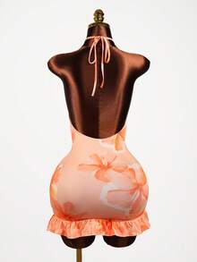 Lyxana Vestido mini casual de vacaciones con estampado floral, cuello halter, lazo y volante en el bajo - Naranja - Ver 2