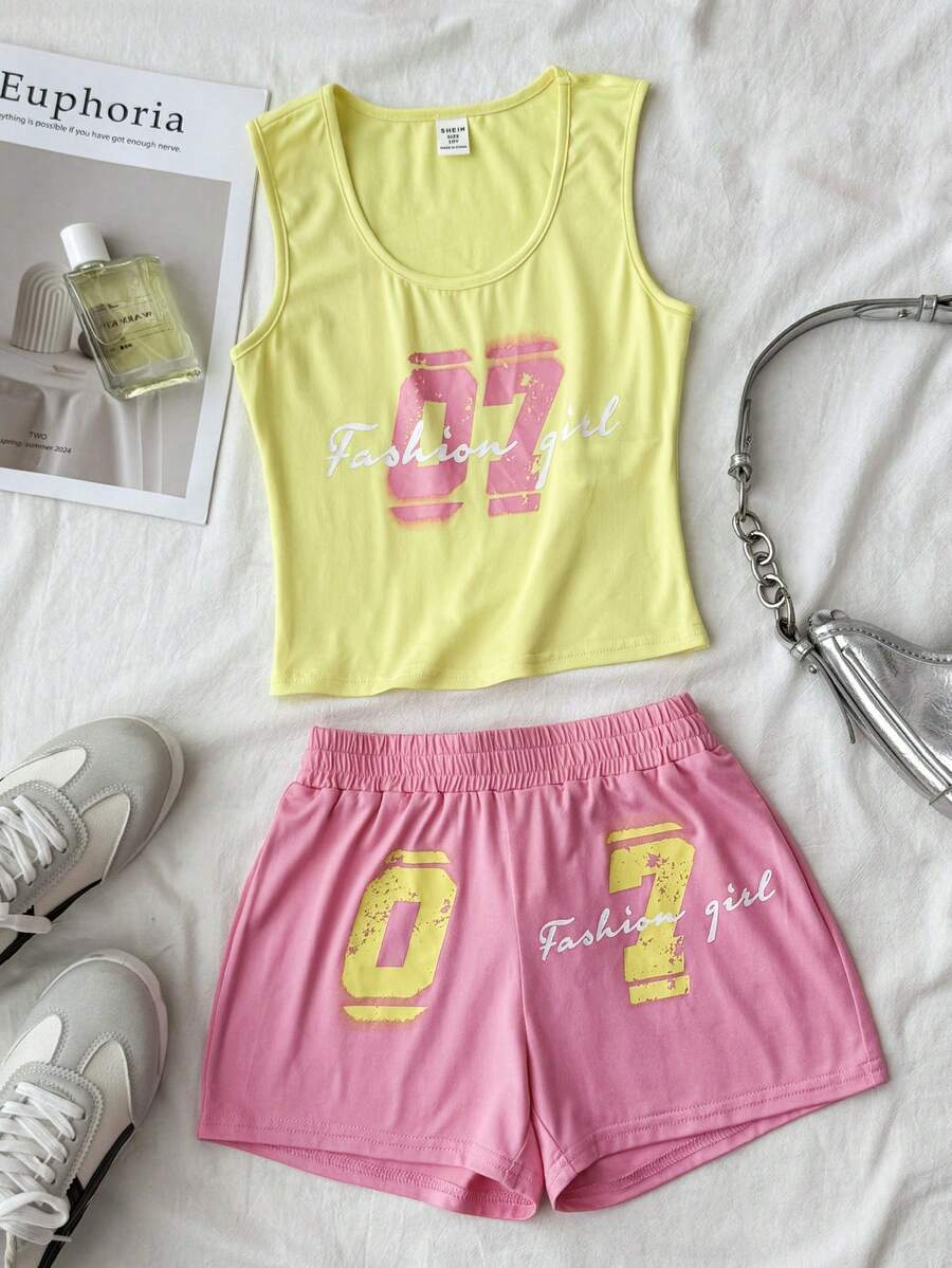 SHEIN Tween Girls Summer New Letter Print Sleeveless Tank Top And Shorts Set - Multicolor - View 1