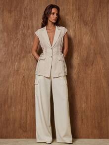 Women, Spring, Summer, Blazer, Travel, Vacation, Regular Fit, Regular Length, Short Slevee, - Beige - View 3