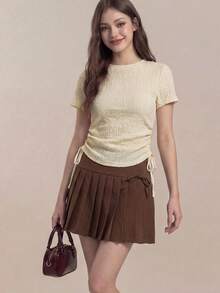 SHEIN Unity 夏季新款女士纯色褶裥系带休闲学院风A字裙，百搭多场合——复古学院风、Y2K风、办公、正式场合、优雅都市通勤、日常休闲、浪漫、90年代复古风、节日、基础款、外出、社交活动、派对、音乐会、毕业典礼、早午餐、机场穿搭 - 棕色 - 查看 5