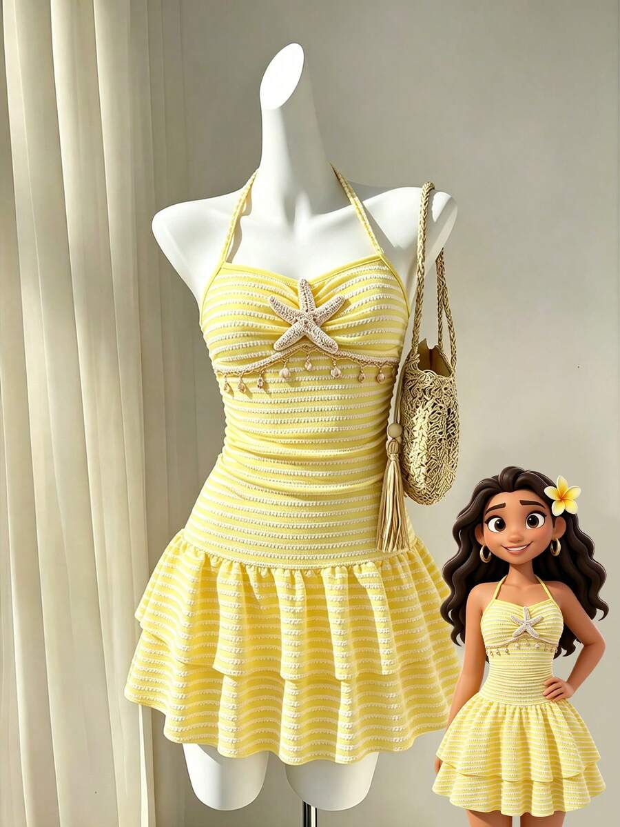 Girls' Vacation Style Spaghetti Strap Neck Tie Dress With Starfish & Shell Woven Trim, Layered Skirt, Casual