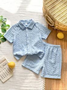 SHEIN Vintaside Kids Conjunto de 2 piezas de camisa tipo polo de punto jacquard texturizado azul y pantalones cortos a juego para niño pequeño - Azul - Ver 3